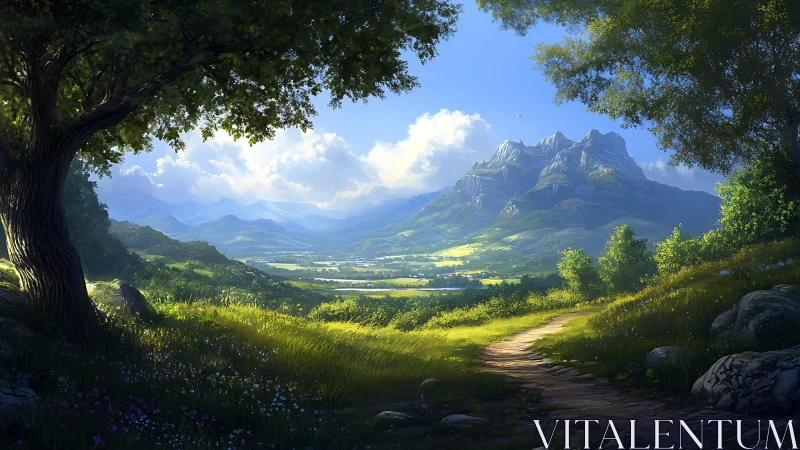 Sunlit valley trail leads toward distant jagged mountains