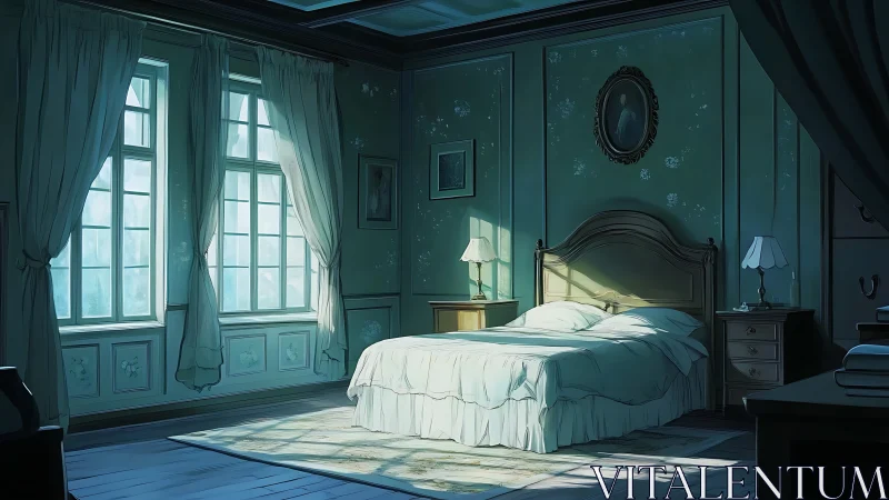 Sunlit vintage bedroom wrapped in gentle morning quiet.