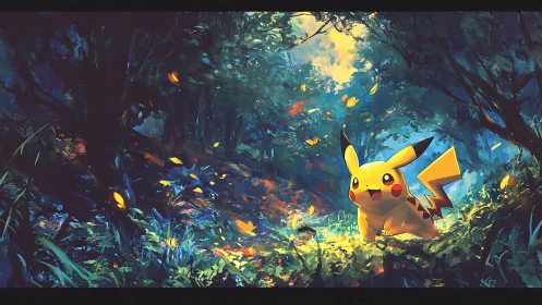 Pikachu Illuminated in Mystical Forest Cavern with Golden Light