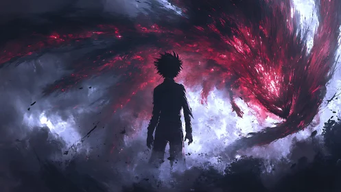 Shadowlit wanderer negotiates with a crimson cosmic storm