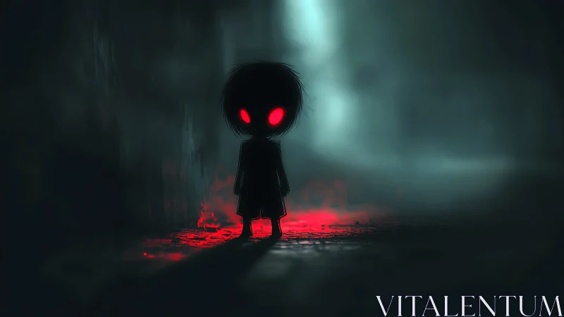 Silhouette child stands in dark corridor with glowing red eyes