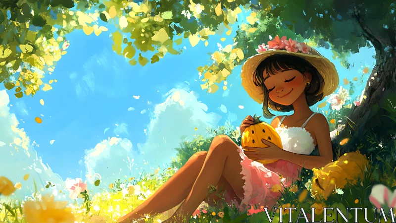 Summer meadow girl under trees holding golden pumpkin.