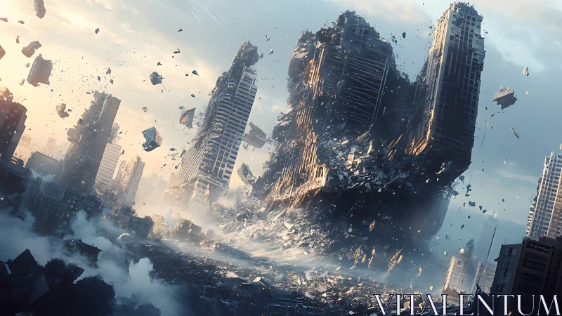Collapsing futuristic skyscrapers in explosive urban ruin.