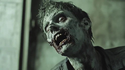 Rotting horror portrait with gaping scream in cold light.