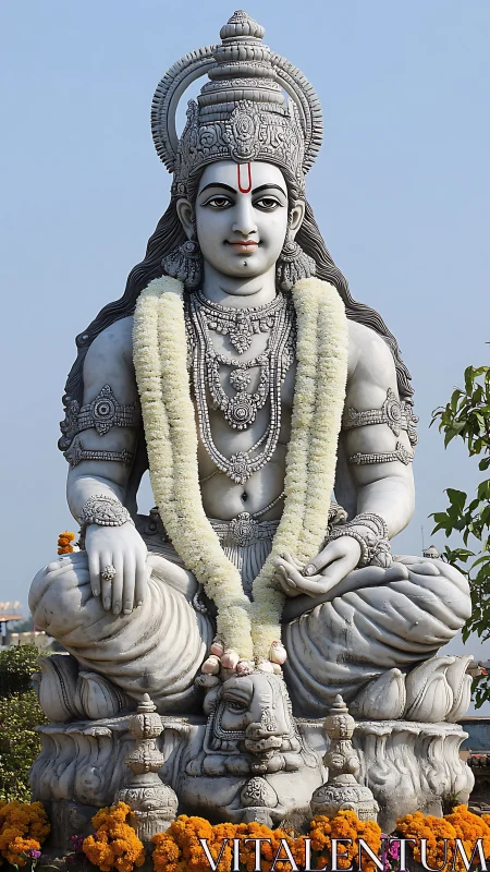 Stone deity statue sits cross-legged with garlanded torso