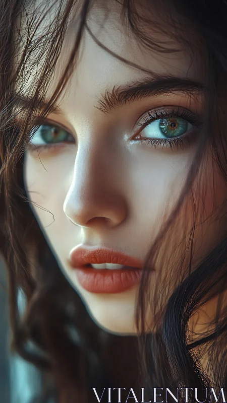 Ultra-detailed close-up portrait with teal irises and soft bokeh