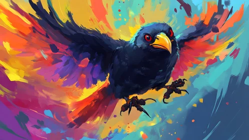 Vibrant digital painting of fierce black bird in flight, abstract style.