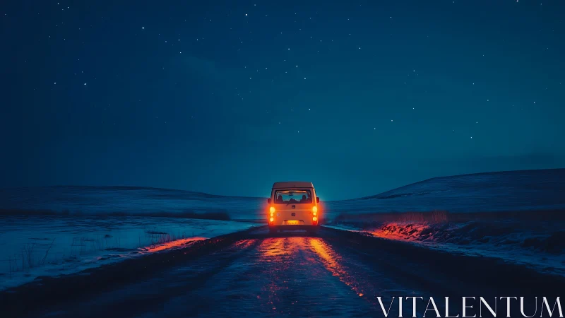 Van on snowy road under deep blue starry night sky.