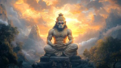 Serene divine warrior in meditation before glowing sky.