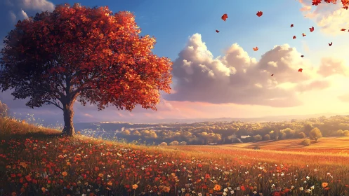 Digital painting of autumn tree on flowered hillside at sunset.