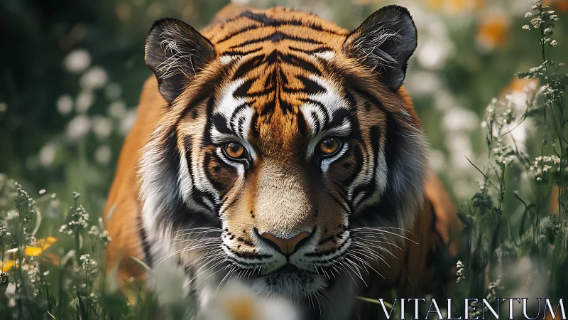 Tiger portrait shows intense amber gaze in soft meadow