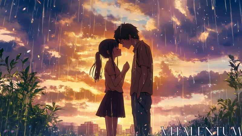 Silhouetted couple under rain at sunset with city skyline.