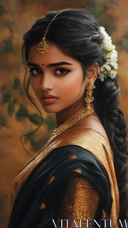 Portrait of woman in traditional Indian sari and jewelry.