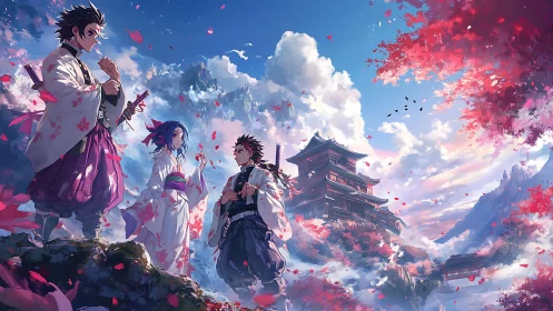 Samurai friends beneath drifting petals and cloud castles.