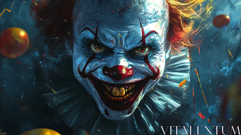Horror clown portrait shows sharp teeth, smeared makeup, intense stare