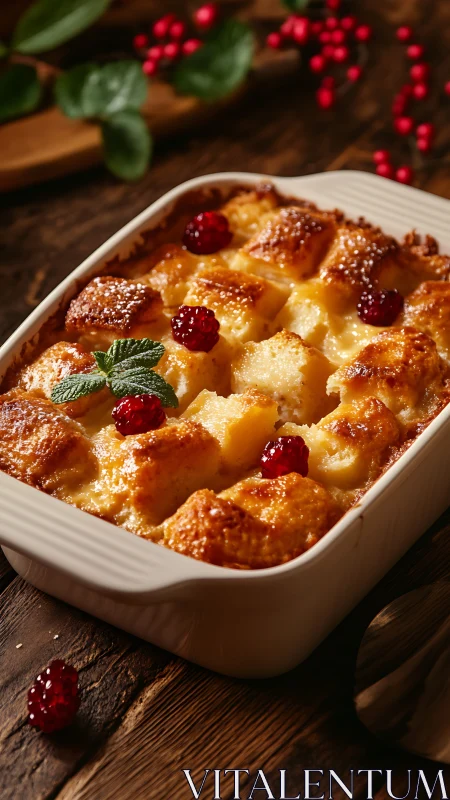 Warm custard bread pudding in rustic overhead food styling.