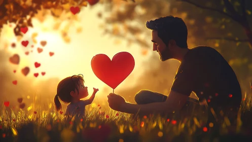 Father and daughter sharing a red heart in golden light.