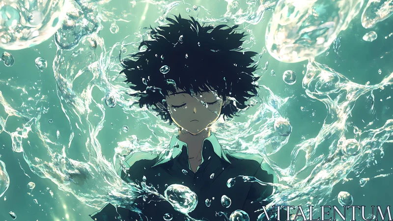 Anime boy submerged in swirling translucent water field.