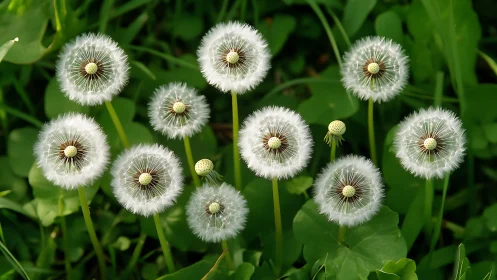 Dandelion Seed Heads in Lush Green Garden.