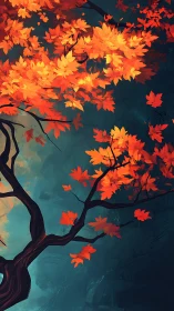 Autumn maple canopy with twisting dark branches against teal sky