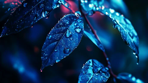 Iridescent macro leaves reveal neon-lit nocturnal moisture