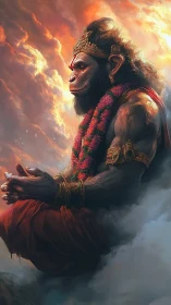 Divine simian sage meditates above radiant storm clouds.