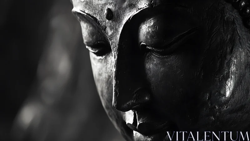 Buddha bronze profile in high-contrast meditative shadow.