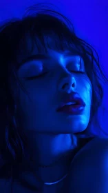 Dreamlit face drifting through deep electric blue night.