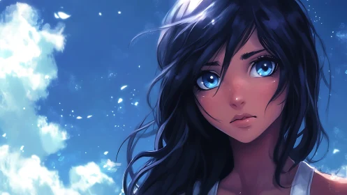 Blue eyed anime girl portrait against bright sky background.