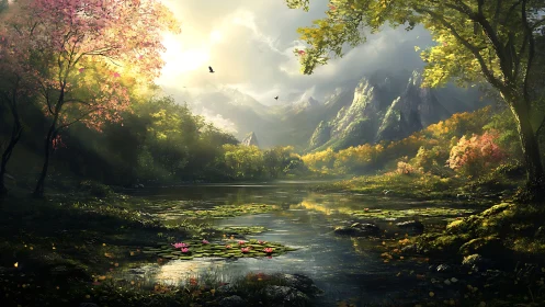 Sunlit mountain lake glows beneath drifting spring blossoms