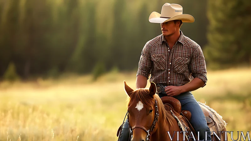 Western cowboy rider in sunlit field with shallow focus.