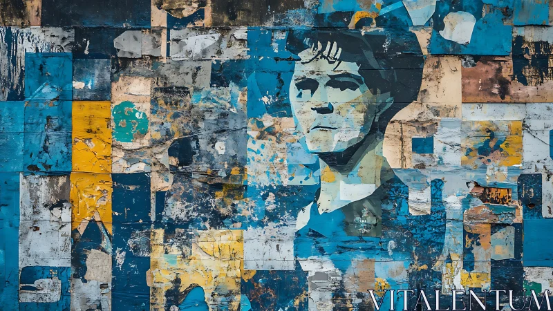 Weathered geometric mural shows solemn male portrait
