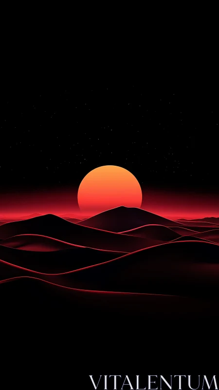 Neon red desert horizon with minimalist solar eclipse glow.