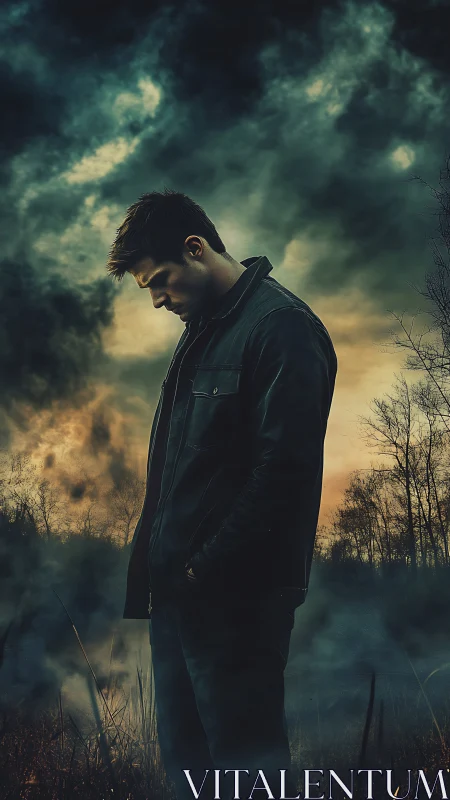 Solitary figure under turbulent atmospheric gradient sky.