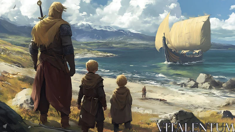 Viking warrior and children watch a longship depart at dawn.