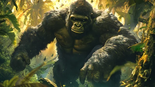 Digital painting of colossal silverback gorilla in jungle mise-en-scène.