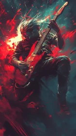 Explosive digital painting of electric guitarist in motion blur