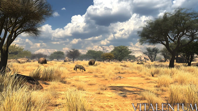 Golden savanna path under restless clouds and grazing zebras.