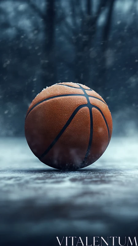 Snow kissed basketball rests quietly on a frosty court