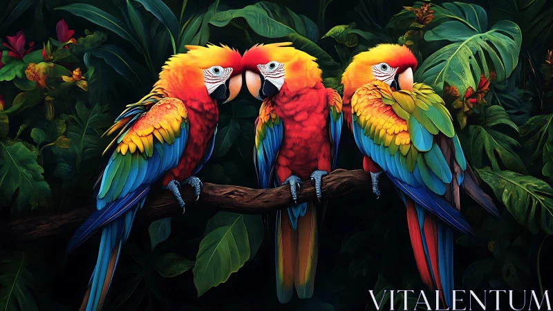 Three Vibrant Macaws Perched on Branch in Lush Jungle Art.