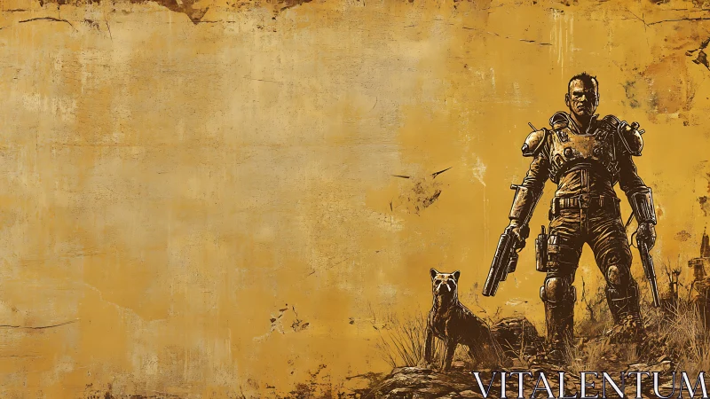 Armored figure with dog stands against textured yellow field
