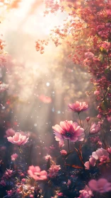 Sunlit pink blossoms under ethereal golden forest haze.