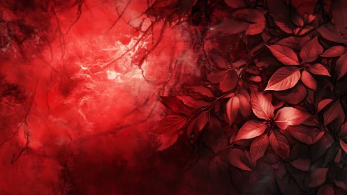 Crimson foliage spreads across textured abstract red mist.