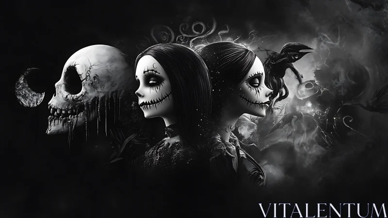 Three stitched souls orbit twilight between skulls and shadows