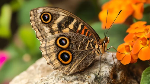 Delicate butterfly pauses on bright orange garden blooms