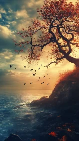 Autumn shoreline tree silhouette at golden hour with seabirds