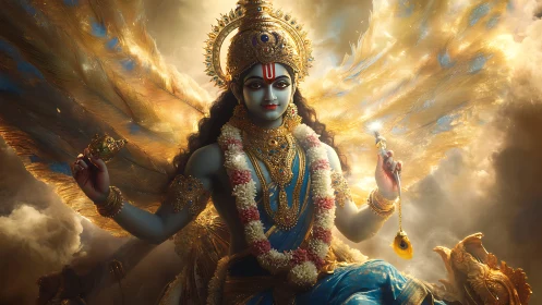 Radiant blue-skinned deity ascends amid glowing golden clouds