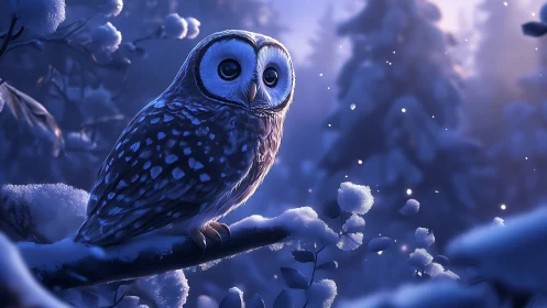 Majestic owl perched on snowy branch in magical winter forest scene.
