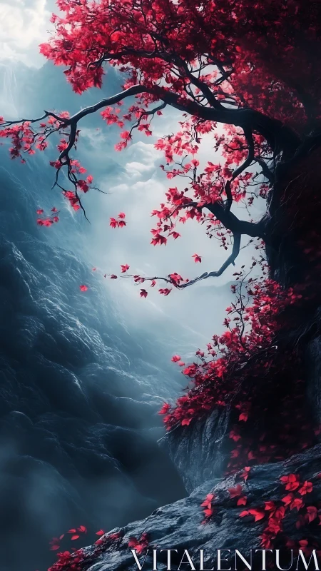 Crimson tree crowns misted ravine with dramatic contrast.