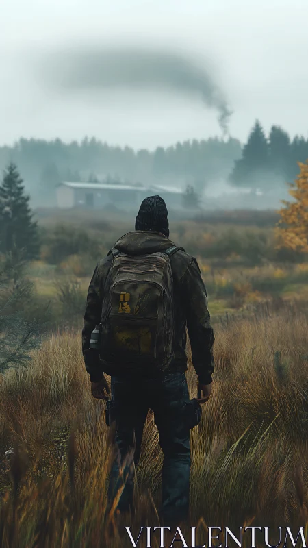 Lone wanderer studies distant smoke in misty autumn field.